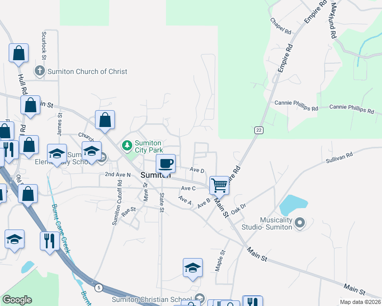 map of restaurants, bars, coffee shops, grocery stores, and more near North Highland Street in Sumiton