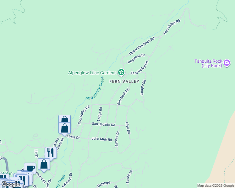 map of restaurants, bars, coffee shops, grocery stores, and more near 25130 Fern Valley Road in Idyllwild-Pine Cove