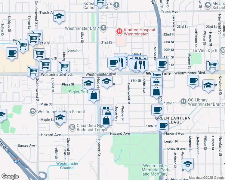 map of restaurants, bars, coffee shops, grocery stores, and more near 14102 Hoover Street in Westminster