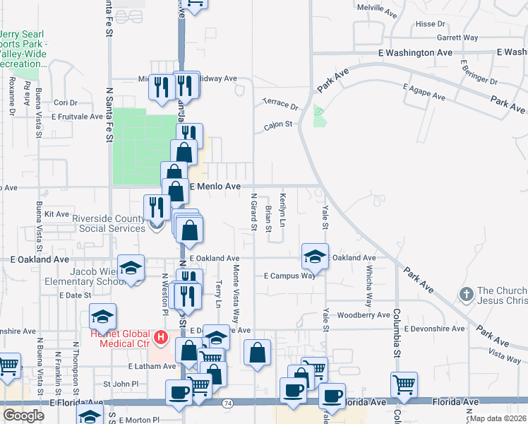 map of restaurants, bars, coffee shops, grocery stores, and more near 621 Brian Street in Hemet