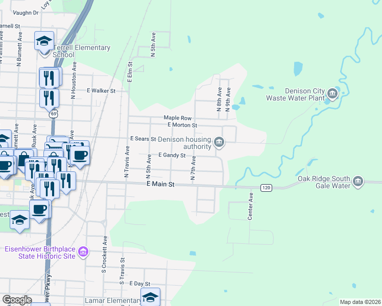 map of restaurants, bars, coffee shops, grocery stores, and more near 637 East Gandy Street in Denison