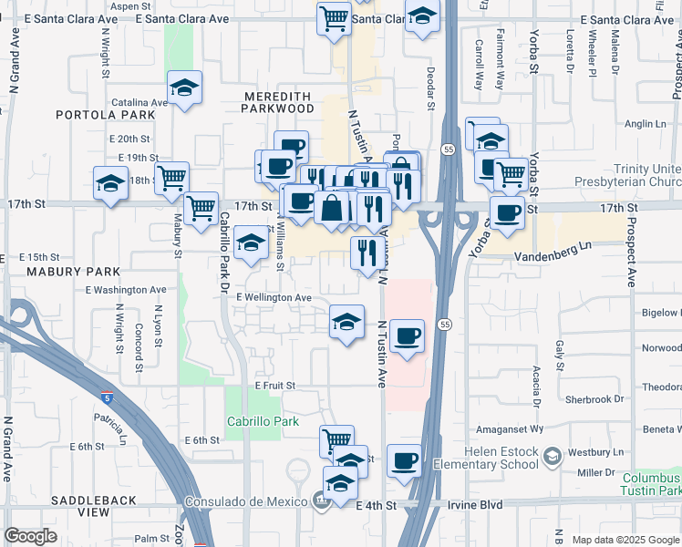 map of restaurants, bars, coffee shops, grocery stores, and more near 1450 North Tustin Avenue in Santa Ana