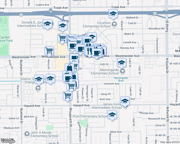 map of restaurants, bars, coffee shops, grocery stores, and more near 10212 15th Street in Garden Grove