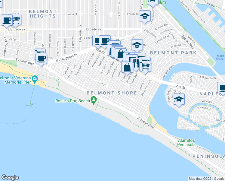 map of restaurants, bars, coffee shops, grocery stores, and more near in Long Beach
