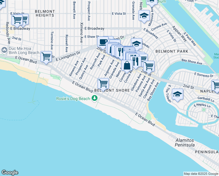 map of restaurants, bars, coffee shops, grocery stores, and more near in Long Beach