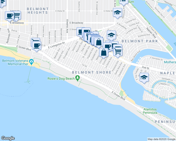 map of restaurants, bars, coffee shops, grocery stores, and more near 60 Argonne Avenue in Long Beach