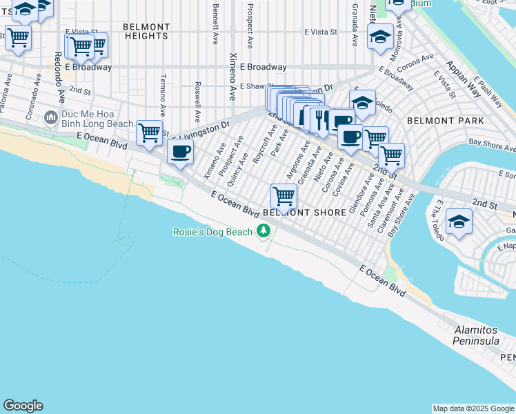 map of restaurants, bars, coffee shops, grocery stores, and more near 25 Saint Joseph Avenue in Long Beach