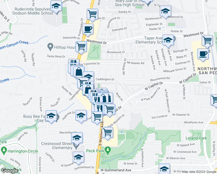 map of restaurants, bars, coffee shops, grocery stores, and more near 1432 Brett Place in Los Angeles