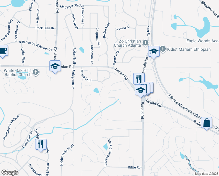 map of restaurants, bars, coffee shops, grocery stores, and more near 1268 Muirfield Drive in Stone Mountain