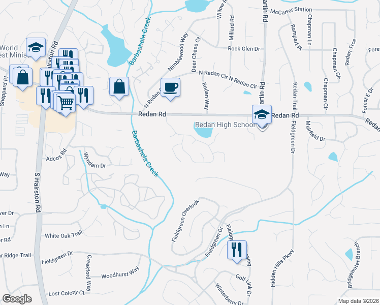 map of restaurants, bars, coffee shops, grocery stores, and more near 1221 Lakeview Crossing in Stone Mountain