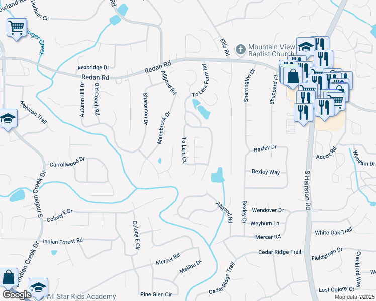 map of restaurants, bars, coffee shops, grocery stores, and more near 1248 To Lani Court in Stone Mountain