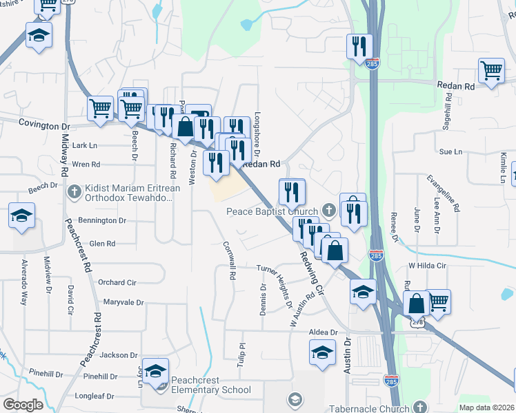 map of restaurants, bars, coffee shops, grocery stores, and more near 3945 Covington Highway in Decatur