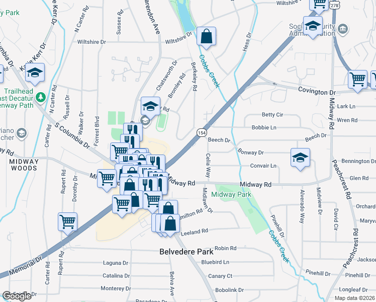 map of restaurants, bars, coffee shops, grocery stores, and more near 3683 Memorial Drive in Decatur