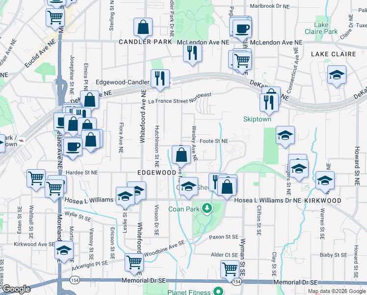map of restaurants, bars, coffee shops, grocery stores, and more near 131 Mayson Avenue Northeast in Atlanta