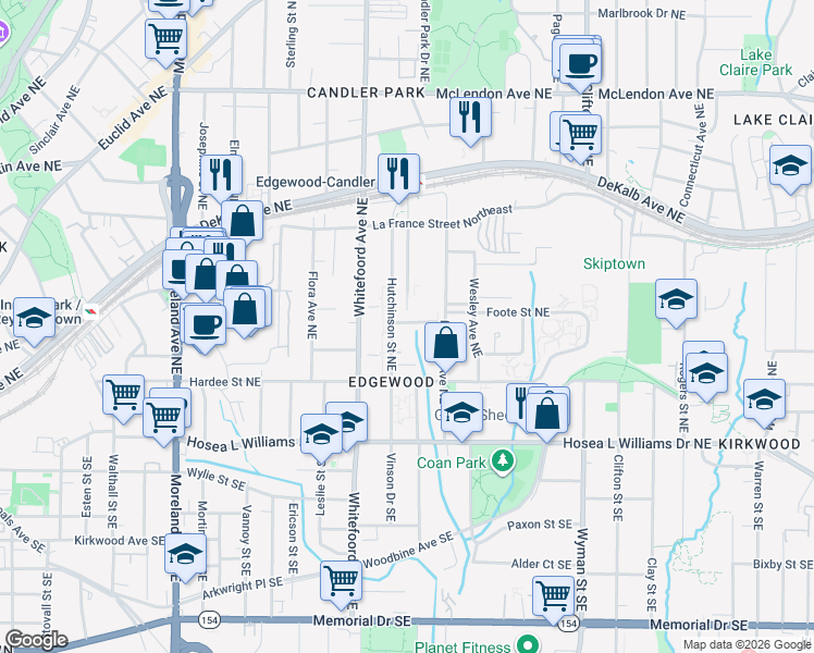 map of restaurants, bars, coffee shops, grocery stores, and more near 1445 Chipley Street Northeast in Atlanta