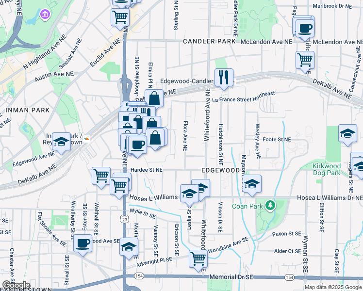 map of restaurants, bars, coffee shops, grocery stores, and more near 143 Flora Avenue Northeast in Atlanta