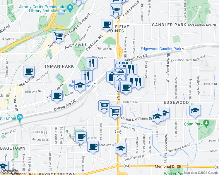 map of restaurants, bars, coffee shops, grocery stores, and more near 141 Holiday Avenue Northeast in Atlanta