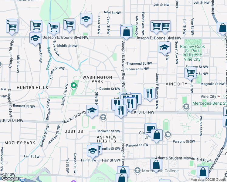 map of restaurants, bars, coffee shops, grocery stores, and more near 945 Desoto Street Northwest in Atlanta