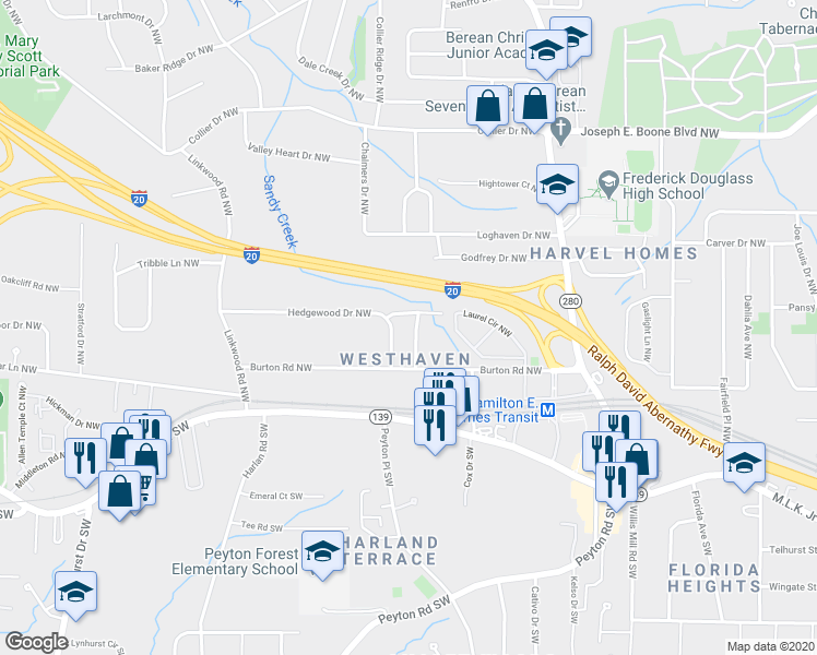 map of restaurants, bars, coffee shops, grocery stores, and more near 104 Hollis Terrace Northwest in Atlanta