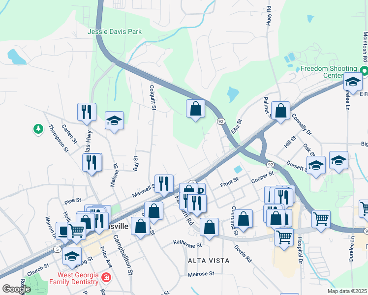 map of restaurants, bars, coffee shops, grocery stores, and more near 8176 Camp Street in Douglasville