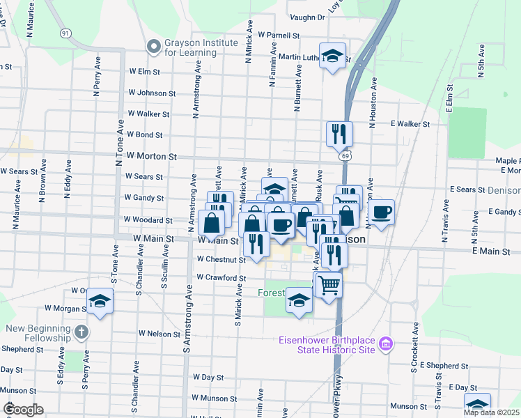 map of restaurants, bars, coffee shops, grocery stores, and more near 500 West Gandy Street in Denison