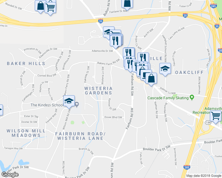map of restaurants, bars, coffee shops, grocery stores, and more near 326 Howell Drive Southwest in Atlanta