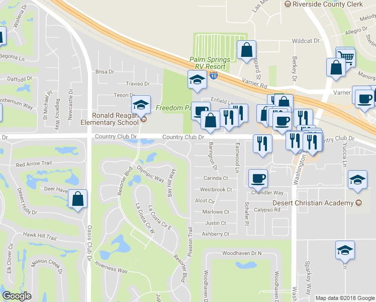 map of restaurants, bars, coffee shops, grocery stores, and more near 77479 Sawgrass Circle in Palm Desert