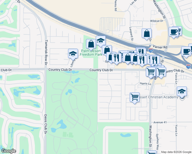 map of restaurants, bars, coffee shops, grocery stores, and more near 77479 Sawgrass Circle in Palm Desert