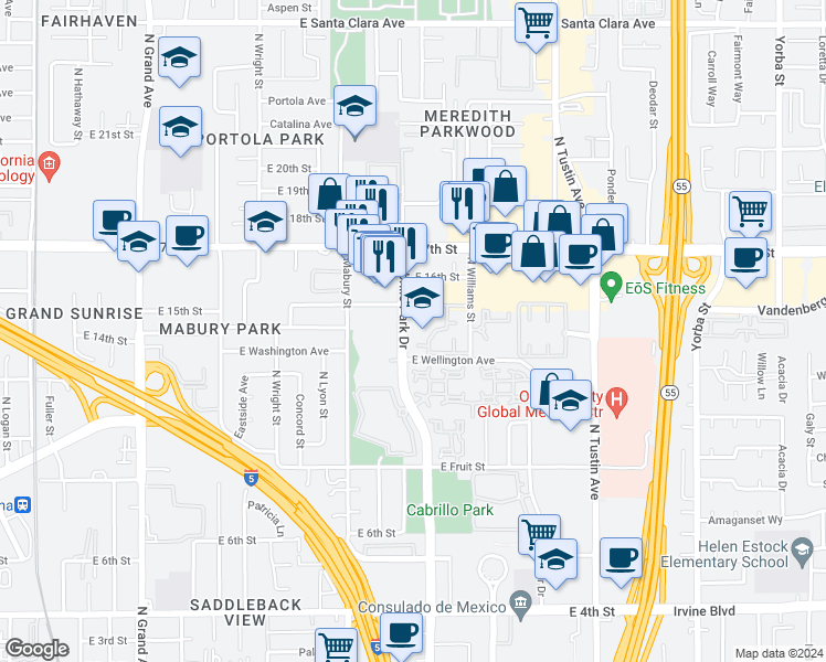 map of restaurants, bars, coffee shops, grocery stores, and more near 1800 17th Street in Santa Ana