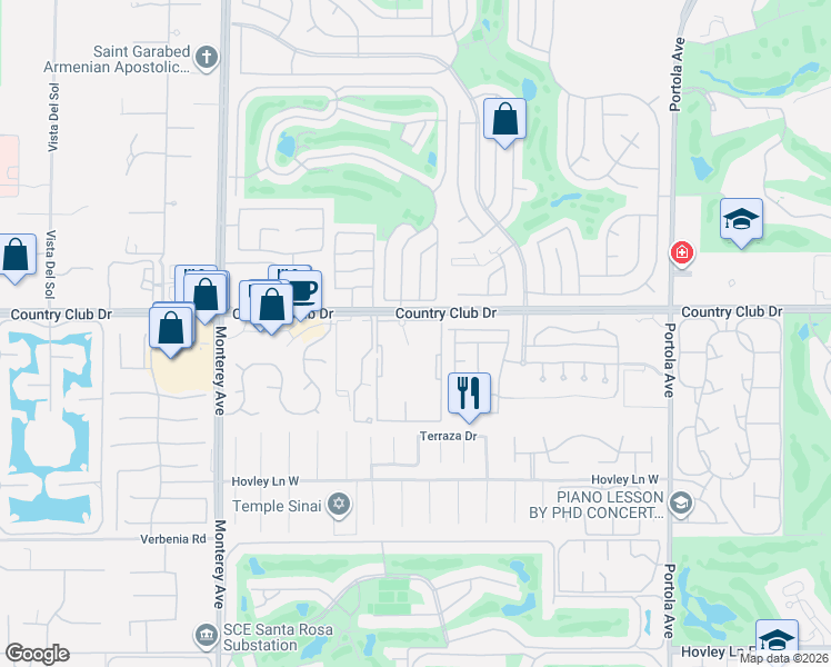 map of restaurants, bars, coffee shops, grocery stores, and more near 73373 Country Club Drive in Palm Desert