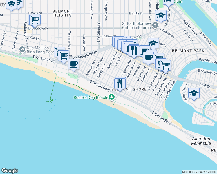 map of restaurants, bars, coffee shops, grocery stores, and more near 25 Saint Joseph Avenue in Long Beach