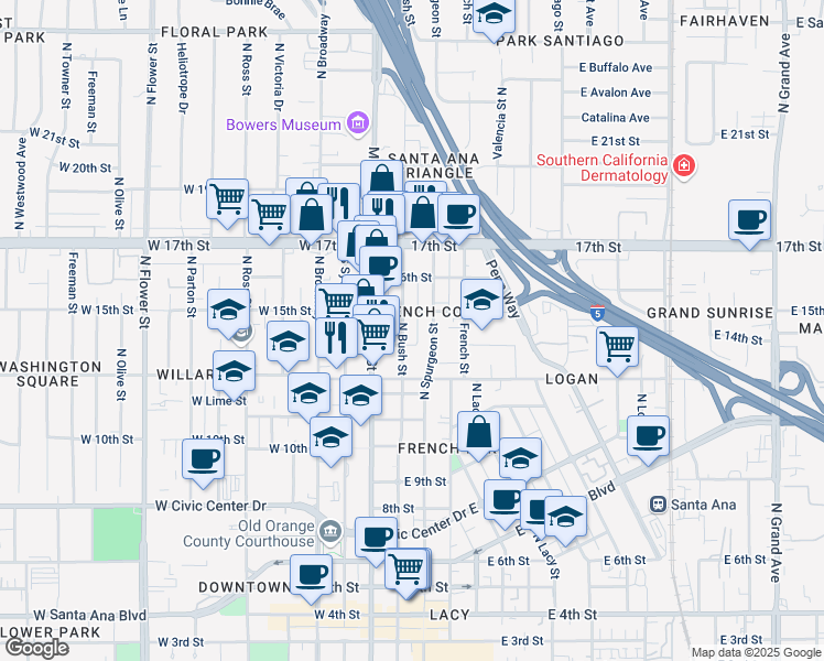 map of restaurants, bars, coffee shops, grocery stores, and more near 1407 North Bush Street in Santa Ana