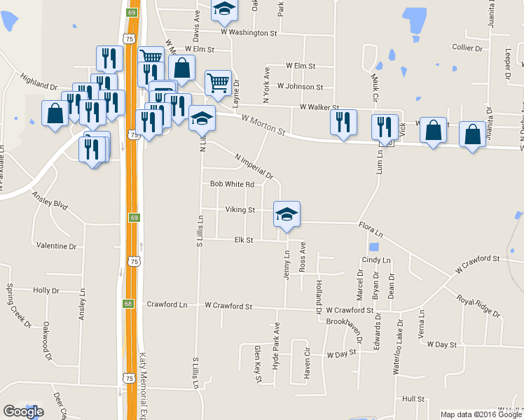 map of restaurants, bars, coffee shops, grocery stores, and more near 101 North Hickory Avenue in Denison