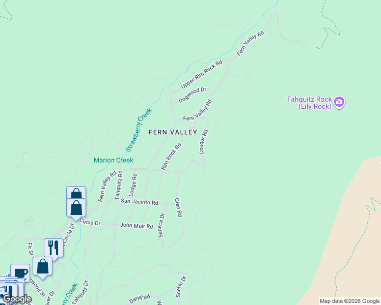 map of restaurants, bars, coffee shops, grocery stores, and more near 25080 Rim Rock Road in Idyllwild-Pine Cove