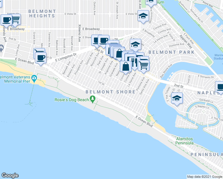 map of restaurants, bars, coffee shops, grocery stores, and more near 5200 East 1st Street in Long Beach