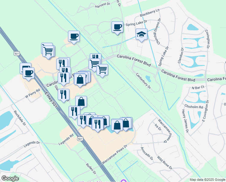 map of restaurants, bars, coffee shops, grocery stores, and more near 4101 Postal Way in Myrtle Beach