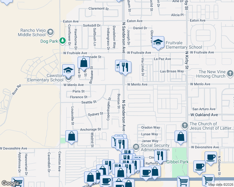 map of restaurants, bars, coffee shops, grocery stores, and more near 661 Boston Street in Hemet