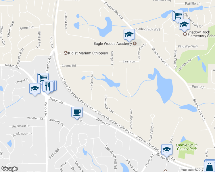 map of restaurants, bars, coffee shops, grocery stores, and more near 1312 Greenridge Trail in Lithonia