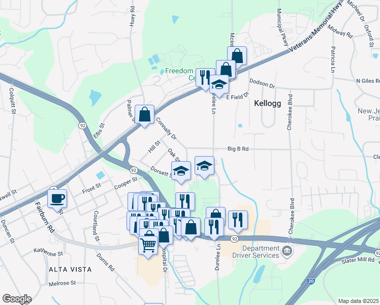 map of restaurants, bars, coffee shops, grocery stores, and more near 8160 Connally Drive in Douglasville