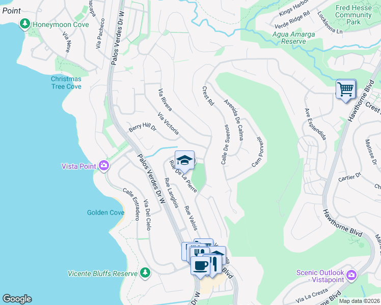 map of restaurants, bars, coffee shops, grocery stores, and more near 7233 Rue La Fleur in Rancho Palos Verdes