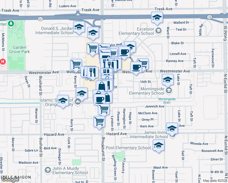 map of restaurants, bars, coffee shops, grocery stores, and more near 14151 Flower Street in Garden Grove