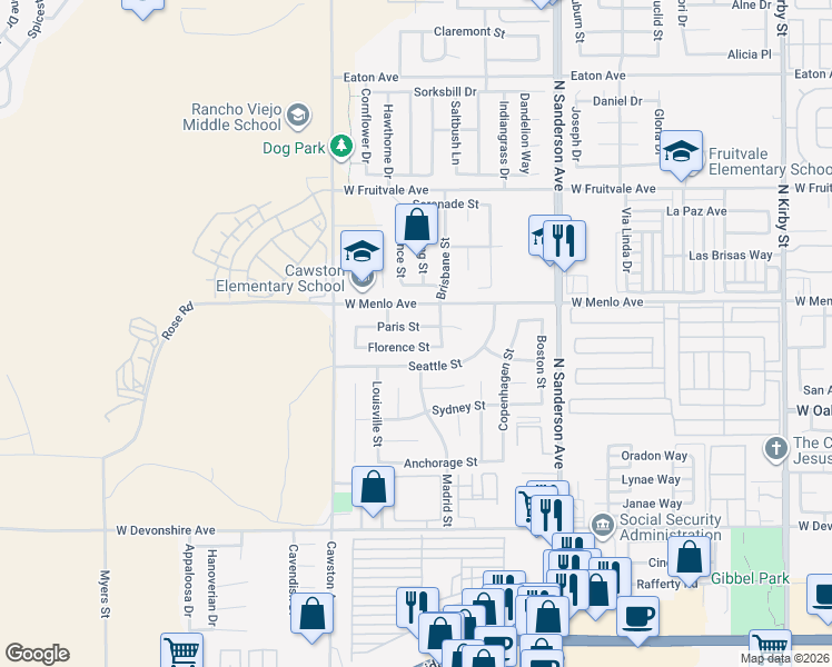map of restaurants, bars, coffee shops, grocery stores, and more near 3792 Paris Street in Hemet