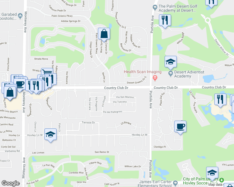 map of restaurants, bars, coffee shops, grocery stores, and more near 2701 Via Calderia in Palm Desert