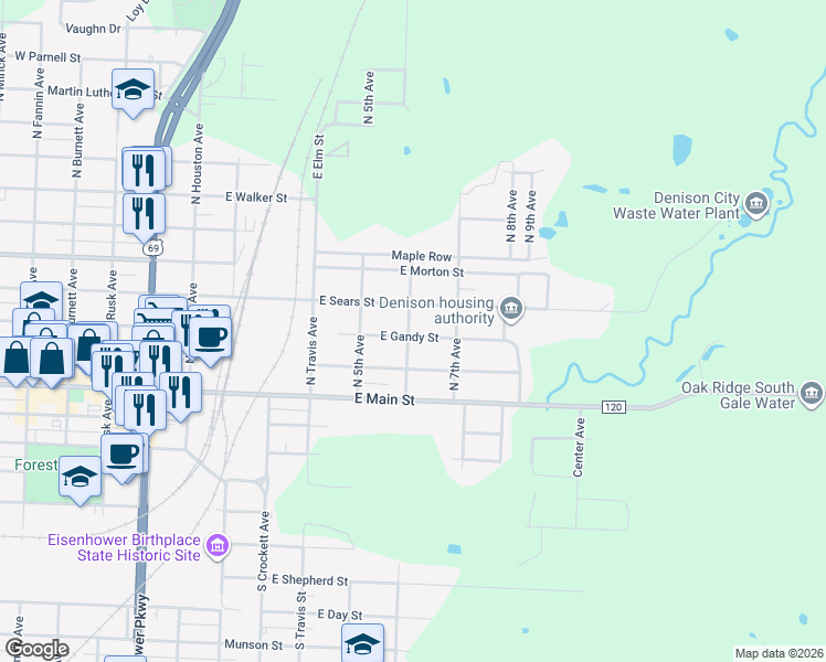 map of restaurants, bars, coffee shops, grocery stores, and more near 601 East Gandy Street in Denison