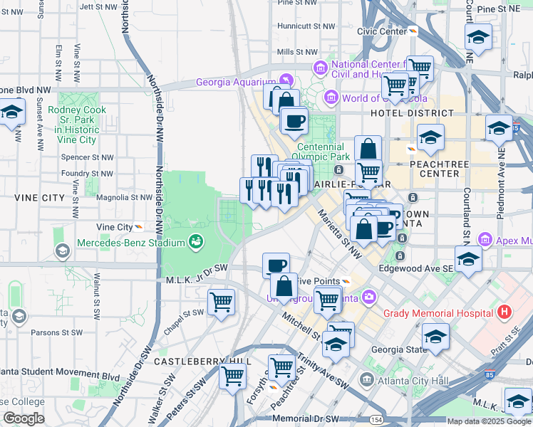 map of restaurants, bars, coffee shops, grocery stores, and more near 1 State Farm Drive in Atlanta
