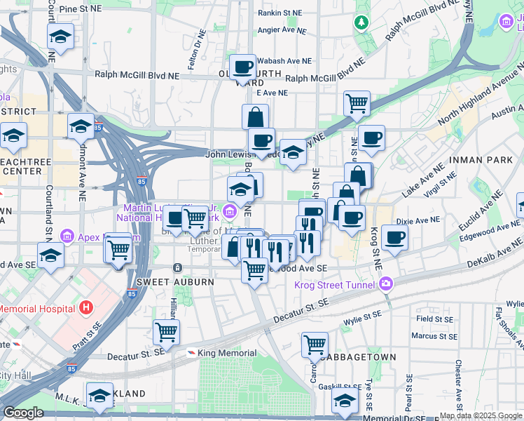 map of restaurants, bars, coffee shops, grocery stores, and more near 106 Hogue Street Northeast in Atlanta