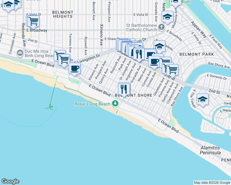 map of restaurants, bars, coffee shops, grocery stores, and more near 25 Saint Joseph Avenue in Long Beach