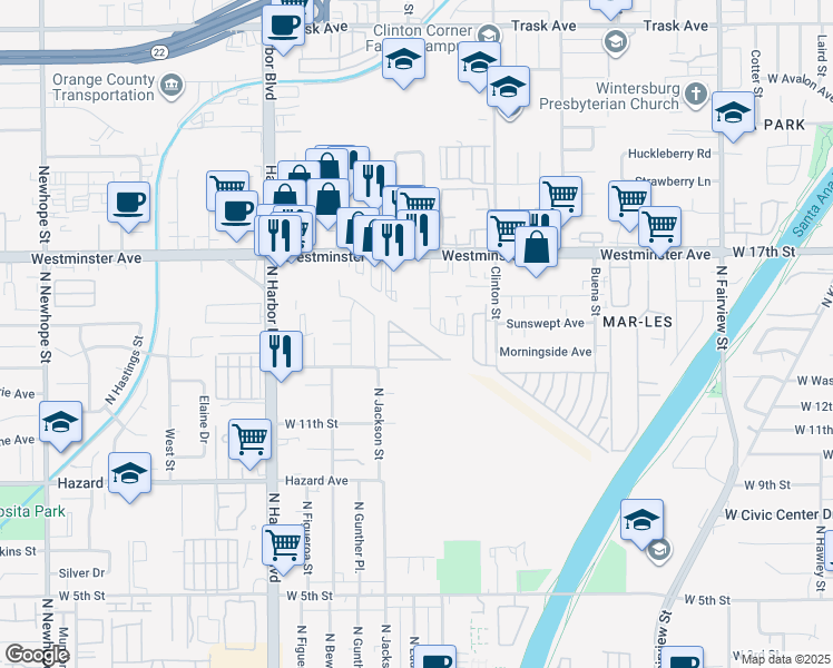 map of restaurants, bars, coffee shops, grocery stores, and more near 3424 West Washington Avenue in Santa Ana