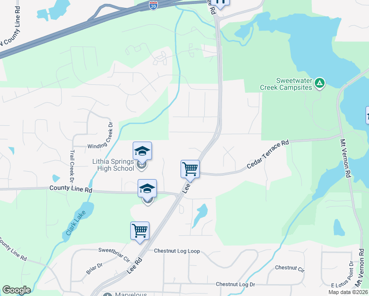 map of restaurants, bars, coffee shops, grocery stores, and more near 2406 Leeward Court in Lithia Springs