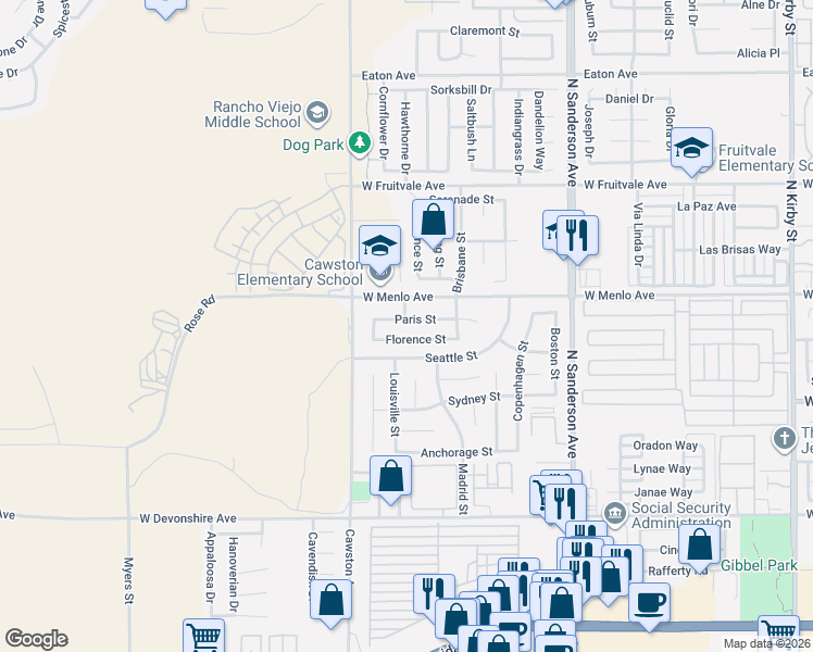 map of restaurants, bars, coffee shops, grocery stores, and more near 3895 Paris Street in Hemet